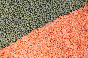Green mung beans and red lentils close up.