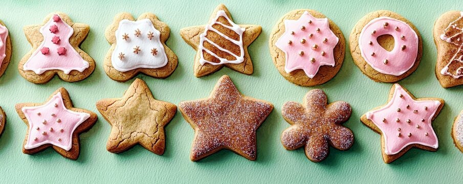 Assorted Colorful Frosted Cookies on Light Green Surface Displaying Festive Shapes and Designs Perfect for Holiday Celebrations and Baking Inspirations