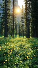 Obraz premium Sunlit forest path with wildflowers.