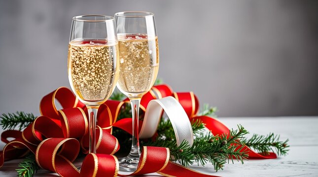 Elegant champagne glasses sparkle with golden bubbles, adorned by a decorative red ribbon and evergreen greenery, evoking a festive and celebratory atmosphere perfect for the holiday season.