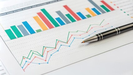 Financial concept, Business graphs and charts on paper with a pen.