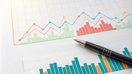 Fototapeta premium Financial concept, Business graphs and charts with a pen on a table