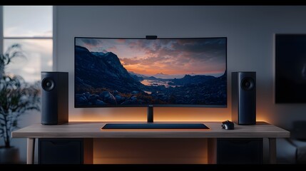 Fototapeta premium Modern Gaming Monitor Setup with Curved Display, Speakers, and Sleek Design in a Stylish Home Environment