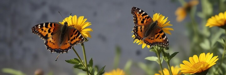 Obraz premium Small Tortoiseshell butterfly in flight over a flower with yellow and black stripes, tortoiseshell, wildlife, insect