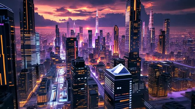 Neon Cityscape Sunset Futuristic Digital Art Wallpaper