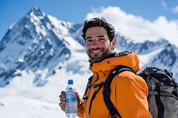 A man in his thirties, wearing skis and holding a water bottle, stands on the snow with mountains behind him
