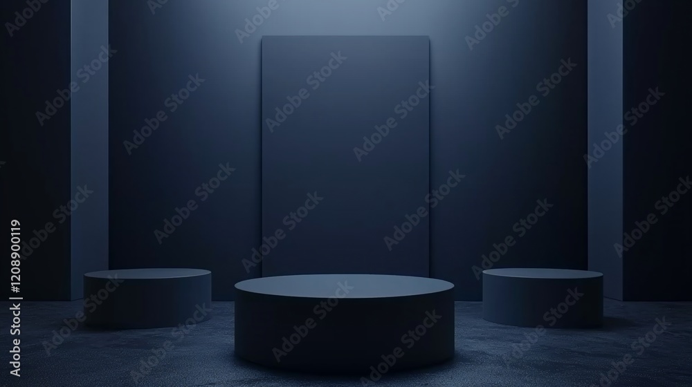 Aufkleber Dark room with three cylindrical platforms and a vertical rectangular backdrop.