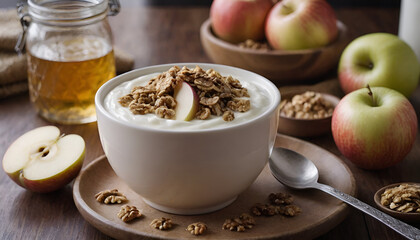 bowl of yogurt with apples and granola on top
