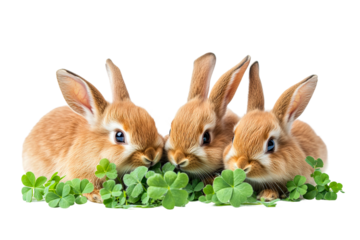 Cute rabbits enjoying clovers in a bright setting during daylight hours isolated on transparent background