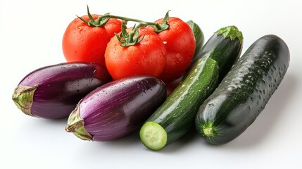 Assorted colorful vegetables like tomatoes, cucumbers, and eggplants on the right side with a clean white background, panoramic view. Web banner with space for text in the left corner.