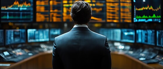 Businessman reviewing financial data on multiple screens.