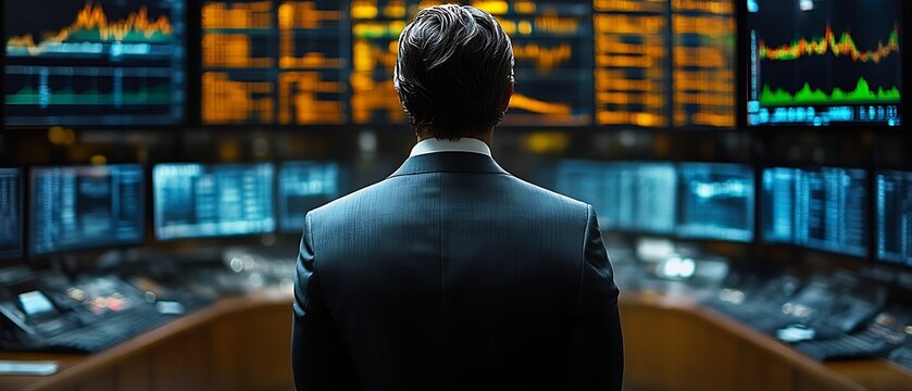 Businessman reviewing financial data on multiple screens.