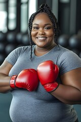 A photograph of an overweight Black woman with red boxing gloves, smiling and posing for the camera in her gray shirt at a gym