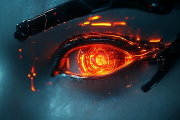 Close-up of a glowing cybernetic eye.