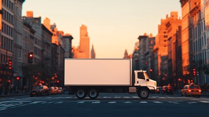 White Delivery Truck Driving on City Street at Sunset.