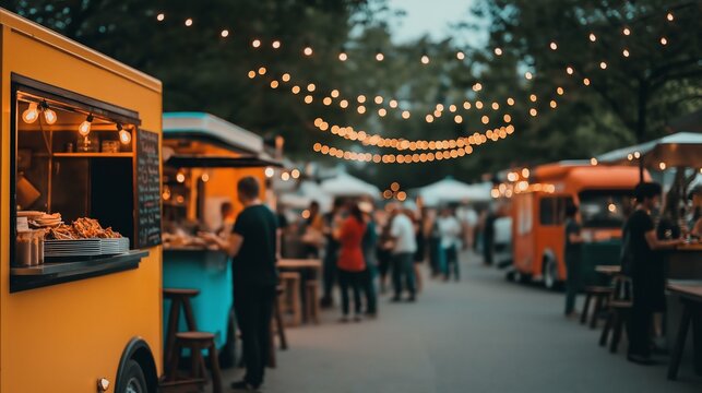 Street Food Market with Food Trucks and People