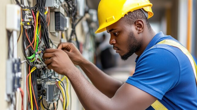 A focused electrician works on wiring and electrical components, wearing a yellow hard hat and blue shirt, showcasing expertise and diligence in his craft.