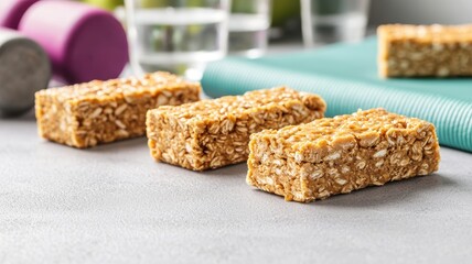 Plant-based alternative food Healthy snack bars on a table with fitness equipment.