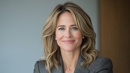 Naklejka premium Portrait of a smiling woman with shoulder-length blonde hair wearing a gray blazer.