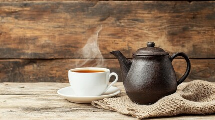 Charming Black Teapot and Steaming Tea Cup on Rustic Wooden Table with Natural Textures