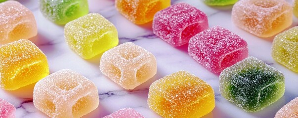 Colorful Sugar-Dusted Gumdrops on Marble Surface Perfect for Celebrations and Sweet Treats, Showcasing a Vibrant Array of Soft Candies in Various Shapes