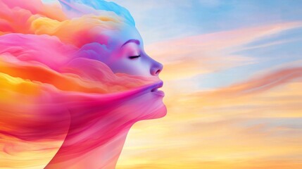 Dreamlike woman with colorful hair against a sunset sky digital art ethereal atmosphere side view beauty concept