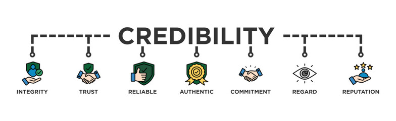 Credibility banner web icon illustration concept with icon of integrity, trust, reliable, authentic, commitment, regard, and reputation