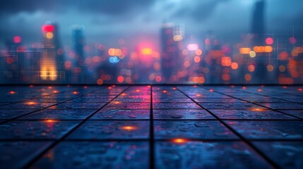 Contemporary Cityscape with Expansive Square. Aerial view highlighting dynamic lighting and metropolitan energy.