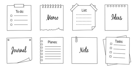 Memo frame note paper line sheet set. Notebook paper note frame for task list, to do list sticker sheet. Hand drawn sketch line style reminder sticker. Vector illustration.