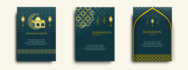 illustration of a ramadan eid with islamic pattern, lantern, moon, mosque, and arch with navy and gold color themed for card, poster, flyer, brochure, print business need 