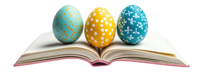 PNG Three colorful easter eggs open book celebration.