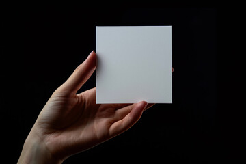  Woman's hand holding blank white square paper for custom design display