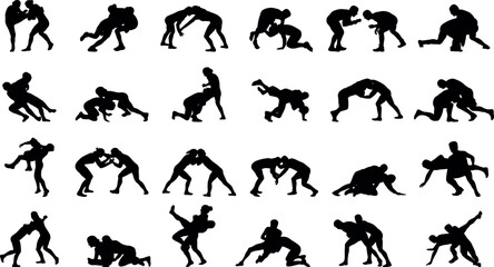 Set of male and female wrestling sport silhouette vector illustrations