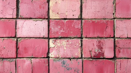 A close-up view of weathered pink bricks arranged in a grid pattern.