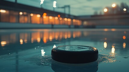 Wet puck sits on ice rink at dusk, lights reflect on the frozen surface. Ideal for sports, winter, or hockey themes, evokes a sense of calm and quiet intensity.