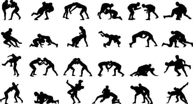 Set of male and female wrestling sport silhouette vector illustrations