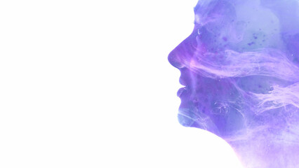 Spiritual silhouette. Enlightenment aura. Purple blue color mist cloud in double exposure profile of inspired woman face isolated on white empty space background.