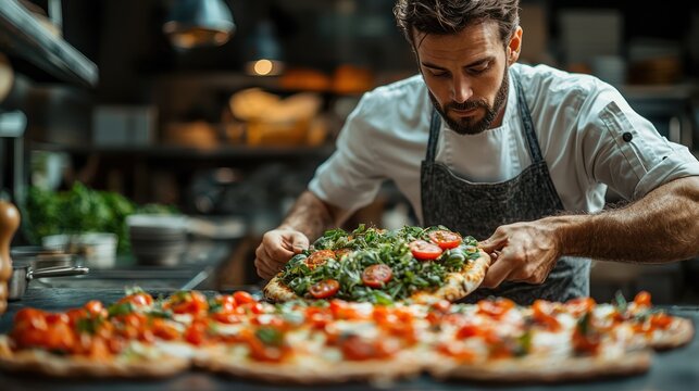 A chef prepares a fresh pizza topped with greens and tomatoes in a vibrant kitchen setting.
