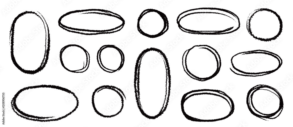 Aufkleber Marker brush marker scribble line circle frame shape set. Hand drawn marker crayon brush stroke highlight round, circular highlight frame element. Scribble sketch round hand drawn vector illustration