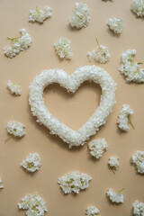 Heart made of white lilac flowers on pastel beige background. Still life romantic composition of Valentines day holiday copy space for your text invitation greeting card postcard. 