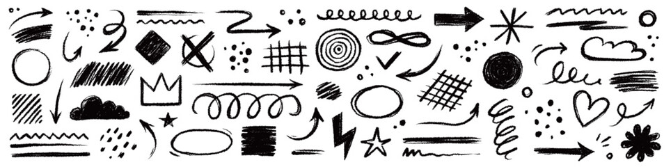 Arrow brush line chalk sketch texture brush vector set. Crayon marker scribble sketch stroke arrow element line brush hand drawn design. Texture abstract chalk, crayon style. Vector illustration