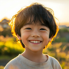 Close-up of a happy  boy, sunlit smile, casual rural background