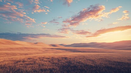 Fototapeta premium Serene sunset over rolling hills and golden grass.