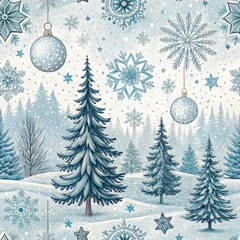Obraz premium Enchanting Winter Wonderland Seamless Pattern of Snowflakes Christmas Trees and Ornaments