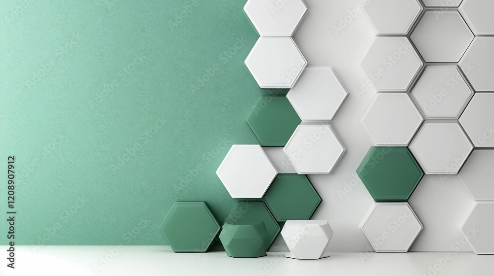Poster abstract green and white hexagon pattern wall.