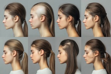 Profile view of woman's hair loss stages. Illustrates various degrees of female hair thinning for medical or beauty purposes.
