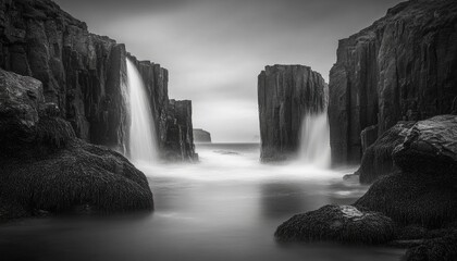 Fototapeta premium Waterfalls Cascade Down Cliffs, Ocean Scene