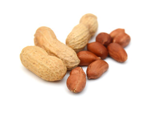 Dried peanuts in closeup on white
