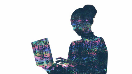 Smart silhouette. Artificial intelligence. Innovation technology. Liquid crystal glitch artifacts...