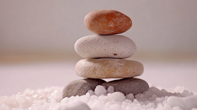 Zen garden with the stones and white sand pattern minimal scene Stack of Balanced Pebbles, zen pebbles, relax, massage, meditation, studio photography. - Powered by Adobe